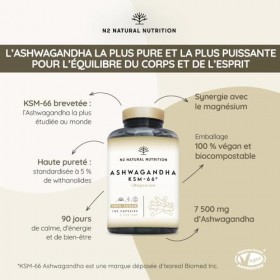 Ashwagandha KSM-66 + Magnésium. 7500 mg Extrait, 180 Gélules. Withanolides, Alcaloïdes, Flavonoïdes, Adaptogène Complet pour ...