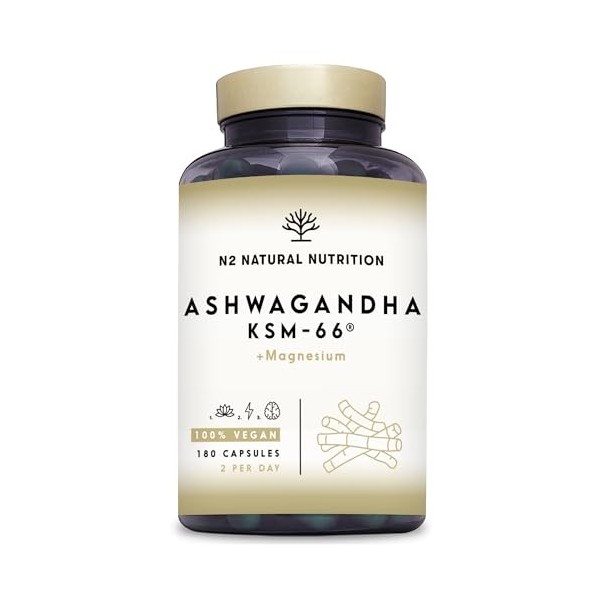 Ashwagandha KSM-66 + Magnésium. 7500 mg Extrait, 180 Gélules. Withanolides, Alcaloïdes, Flavonoïdes, Adaptogène Complet pour ...