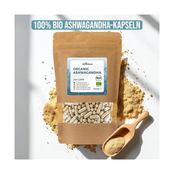 RheinNatur Ashwagandha Bio Lot de 200 gélules dashwagandha bio – 3000 mg par dose quotidienne – Ashwagandha pur bio avec env