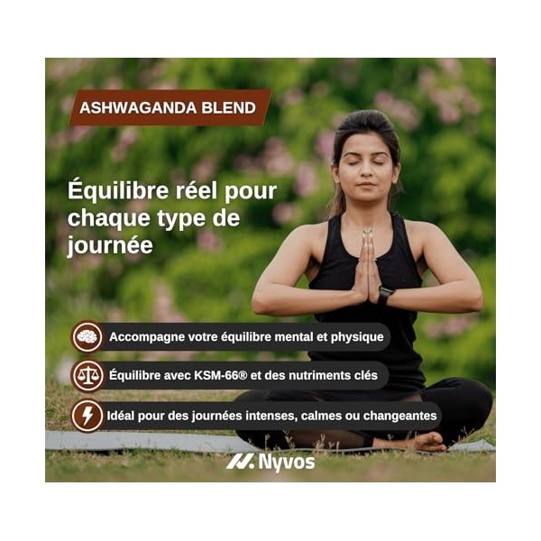 Ashwagandha Blend Ashwagandha KSM-66, Rhodiola, Magnésium bisglycinate, Vitamine B6 – Nootropique et Adaptogène qui aide au S