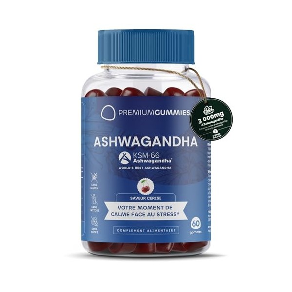 Ashwagandha KSM-66 Bonbons 3 000 mg - Antistress naturel - Saveur cerise naturelle - Avec vitamines B6, B12 et D3 - Sans sucr