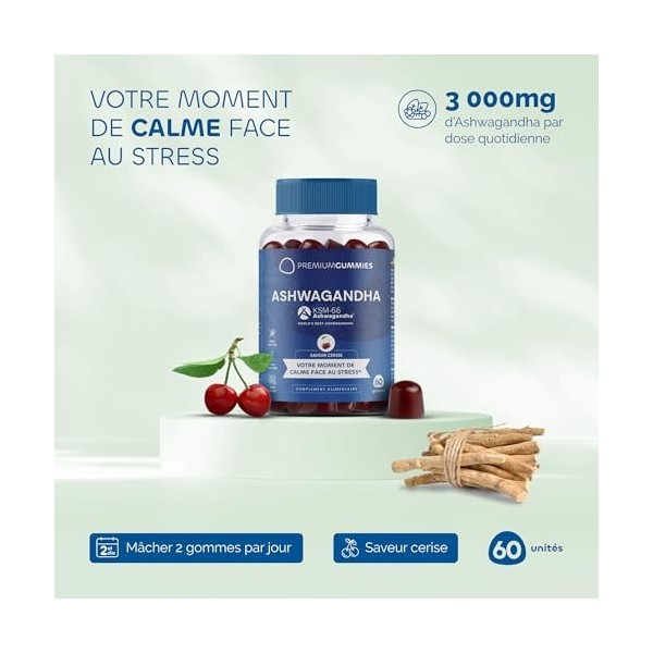 Ashwagandha KSM-66 Bonbons 3 000 mg - Antistress naturel - Saveur cerise naturelle - Avec vitamines B6, B12 et D3 - Sans sucr