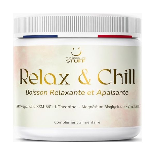 Relax & Chill Boisson Relaxation Anti-Stress/Ashwagandha KSM-66, L theanine, Magnesium Bisglycinate & Vitamine D/Baisse Corti