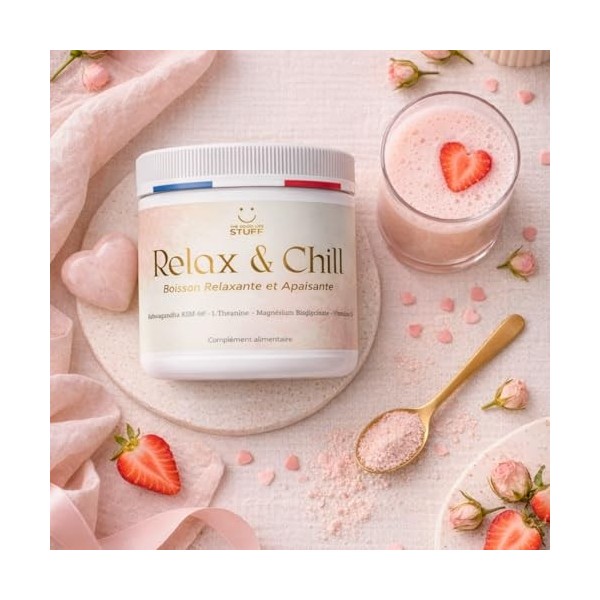 Relax & Chill Boisson Relaxation Anti-Stress/Ashwagandha KSM-66, L theanine, Magnesium Bisglycinate & Vitamine D/Baisse Corti