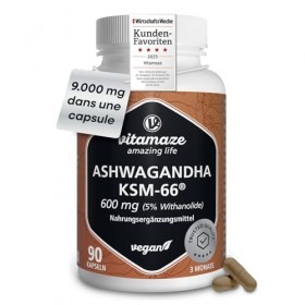 Ashwagandha Bio KSM-66® 9000 mg 15:1 Haute Puissance 3 Mois 90 Gélules, Une par Jour Extrait de Racine avec 5% Withanolid Ash...