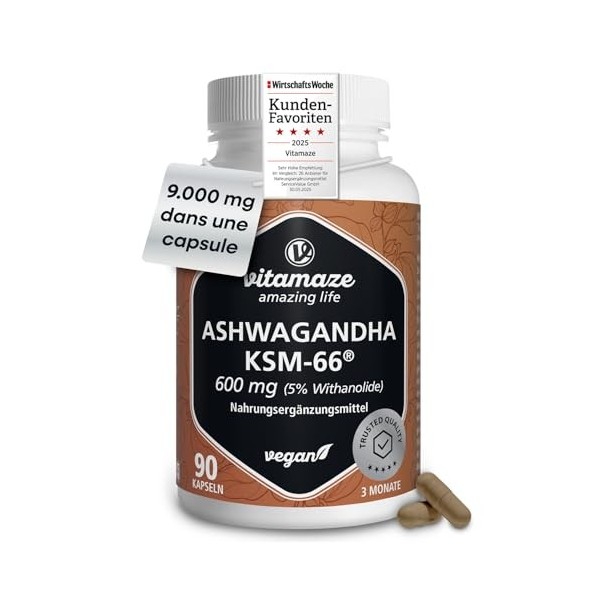 Ashwagandha Bio KSM-66® 9000 mg 15:1 Haute Puissance 3 Mois 90 Gélules, Une par Jour Extrait de Racine avec 5% Withanolid Ash...