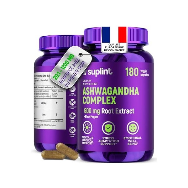Ashwagandha en gélules – 600 mg d’extrait de racine avec 5% de withanolides – haute concentration – 180 gélules véganes – tes...