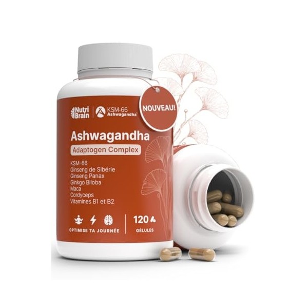 Ashwagandha Complex avec KSM-66, Ginseng, Ginkgo Biloba, Maca, Cordyceps, Vitamines B1-B2 | Adaptogène Anti-stress, Équilibre