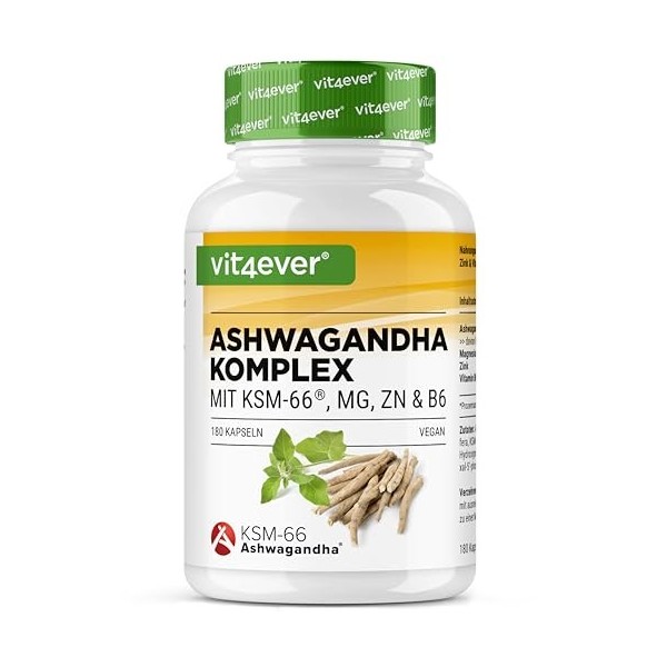 Complexe Ashwagandha KSM-66® - 180 gélules - 600 mg dashwagandha par jour - Avec magnésium, zinc & vitamine B6 - Sans additi
