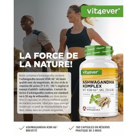 Complexe Ashwagandha KSM-66® - 180 gélules - 600 mg dashwagandha par jour - Avec magnésium, zinc & vitamine B6 - Sans additi