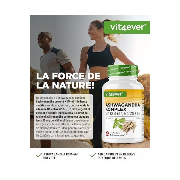 Complexe Ashwagandha KSM-66® - 180 gélules - 600 mg dashwagandha par jour - Avec magnésium, zinc & vitamine B6 - Sans additi
