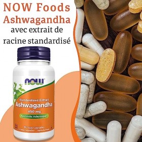 Now Foods, Ashwagandha, Extrait de Racine, 450 mg, 90 Capsules végétaliennes, Testé en Laboratoire, Végétal, Sans Gluten, San