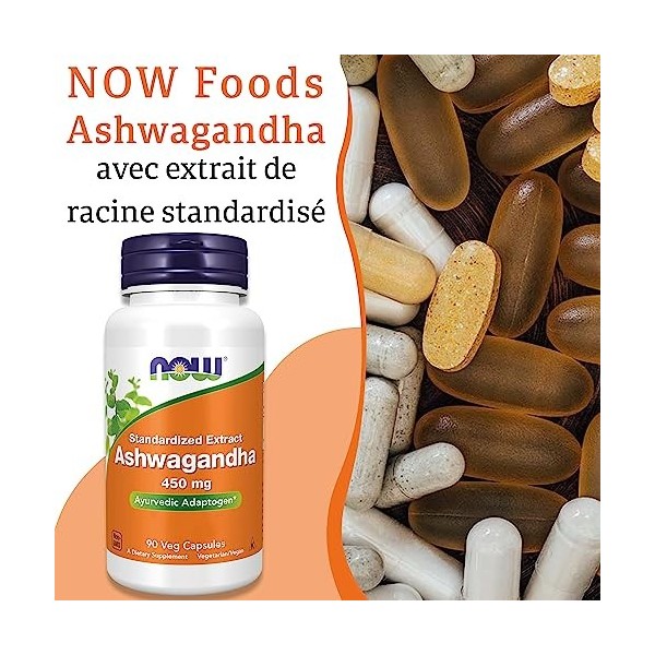 Now Foods, Ashwagandha, Extrait de Racine, 450 mg, 90 Capsules végétaliennes, Testé en Laboratoire, Végétal, Sans Gluten, San