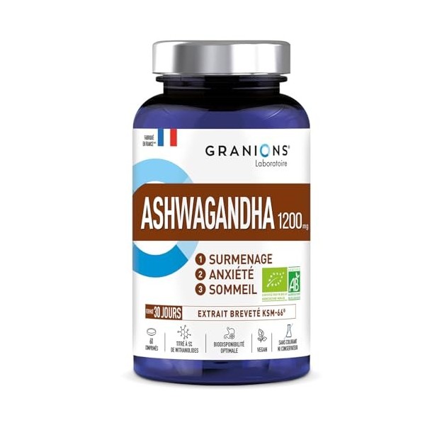 ASHWAGANDHA BIO 1200 MG GRANIONS 30 Jours - Ashwagandha KSM-66 - Anti Stress Adulte, Sommeil Adulte - 60 comprimés - Fabriqué
