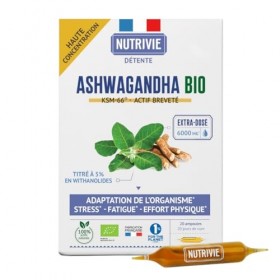 Ashwagandha Bio KSM-66 - Extra dosé 6000 mg - 5% Withanolides - Stress, Sommeil, Concentration & Vitalité - 20 Ampoules - 100