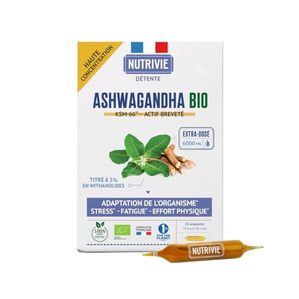 Ashwagandha Bio KSM-66 - Extra dosé 6000 mg - 5% Withanolides - Stress, Sommeil, Concentration & Vitalité - 20 Ampoules - 100