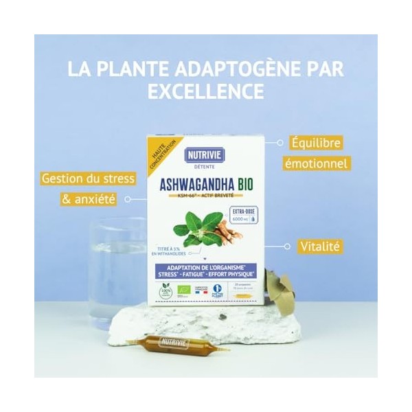 Ashwagandha Bio KSM-66 - Extra dosé 6000 mg - 5% Withanolides - Stress, Sommeil, Concentration & Vitalité - 20 Ampoules - 100