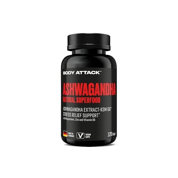 Body Attack Sports Nutrition Body Attack Capsules dAshwagandha, 120 pièces. Capsules à Haute Dose dAshwagandha KSM-66 Fabri
