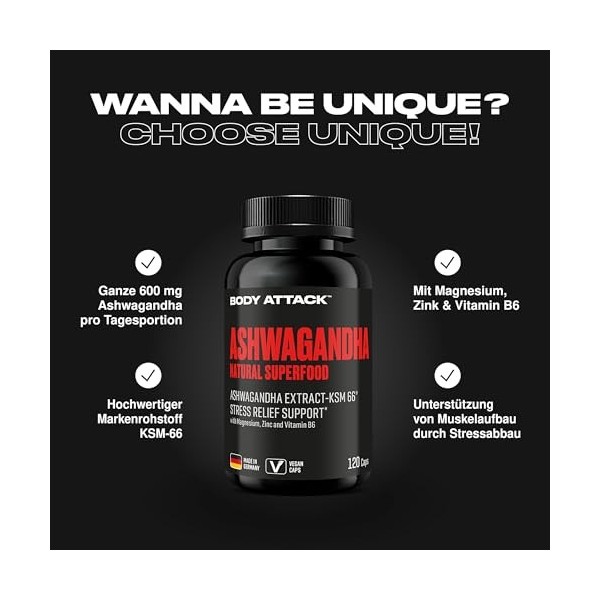 Body Attack Sports Nutrition Body Attack Capsules dAshwagandha, 120 pièces. Capsules à Haute Dose dAshwagandha KSM-66 Fabri