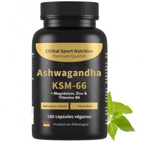 Ashwagandha KSM-66, Matière première premium, 600 mg par jour, 180 capsules cure de 3 mois , Testé en laboratoire, végan, ha