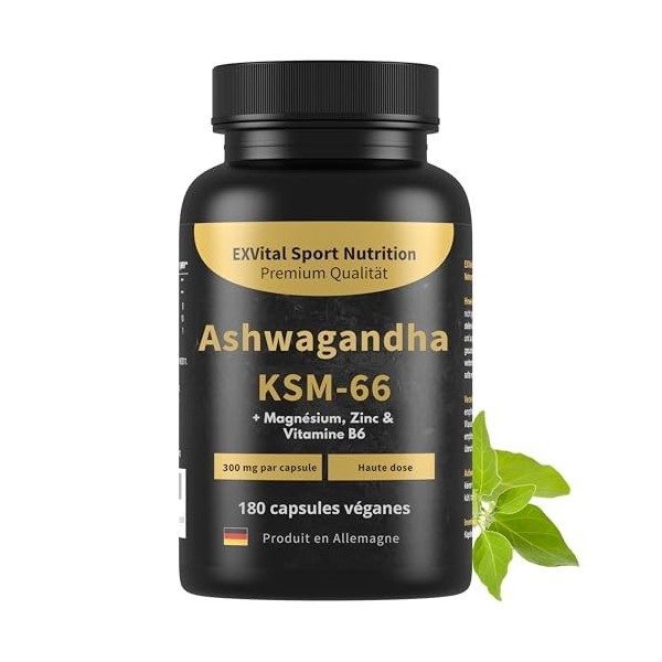 Ashwagandha KSM-66, Matière première premium, 600 mg par jour, 180 capsules cure de 3 mois , Testé en laboratoire, végan, ha
