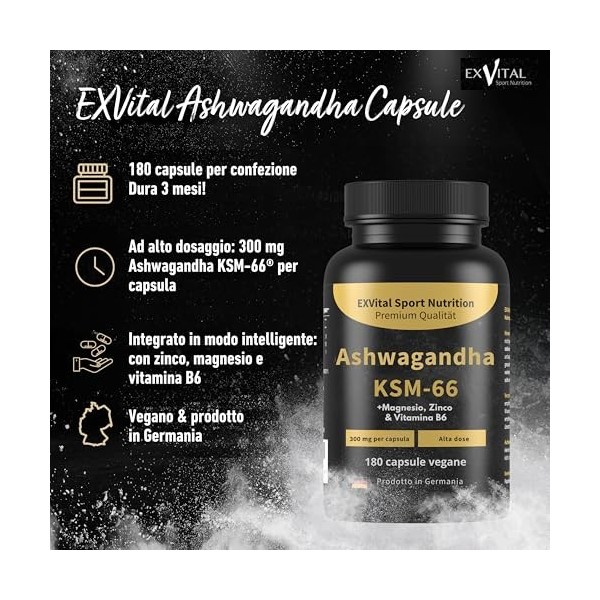 Ashwagandha KSM-66, Matière première premium, 600 mg par jour, 180 capsules cure de 3 mois , Testé en laboratoire, végan, ha