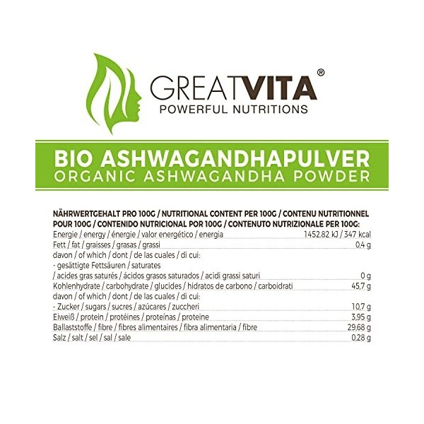 MeaVita Organic Ashwagandha Powder, 400g, vegan & sans additifs