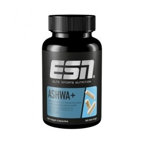 ESN Ashwa +, ashwagandha hautement dosé, KSM 66® breveté, 120 gélules, avec magnésium, vitamine B6 et zinc - fabriqué en Alle