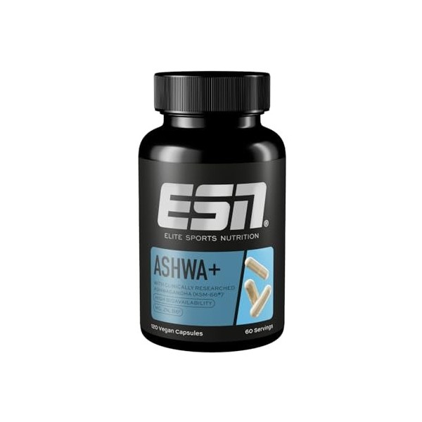 ESN Ashwa +, ashwagandha hautement dosé, KSM 66® breveté, 120 gélules, avec magnésium, vitamine B6 et zinc - fabriqué en Alle