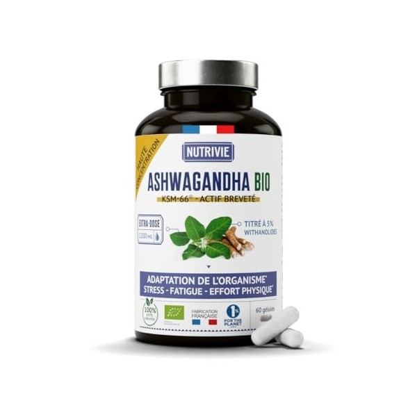 Ashwagandha Bio KSM-66® - 1200 mg - 5% de Withanolides - Gélules Végétales - Stress - Energie - Sommeil - 60 Gélules - Fabriq