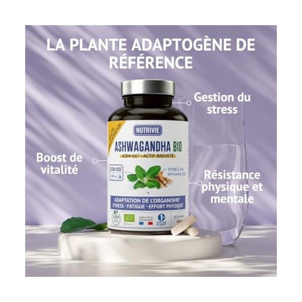 Ashwagandha Bio KSM-66® - 1200 mg - 5% de Withanolides - Gélules Végétales - Stress - Energie - Sommeil - 60 Gélules - Fabriq
