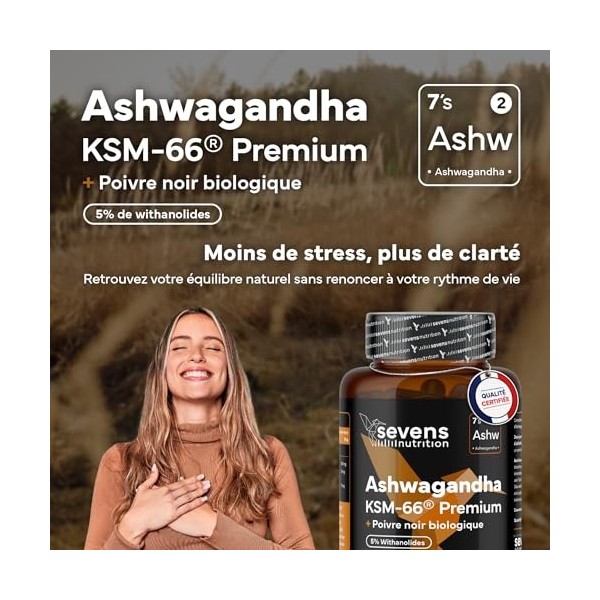 Ashwagandha KSM-66® Pure – Haute Biodisponibilité – Avec Poivre Noir – 5 % Withanolides – Soutien au Bien-être et à l’Équilib