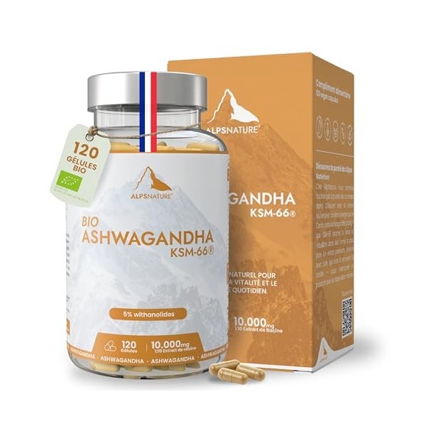 ALPS NATURE Ashwagandha KSM-66® Biologique 120 Gélules 10 000 mg – Extrait 10:1 avec 5% de Withanolides – Racine de Withania