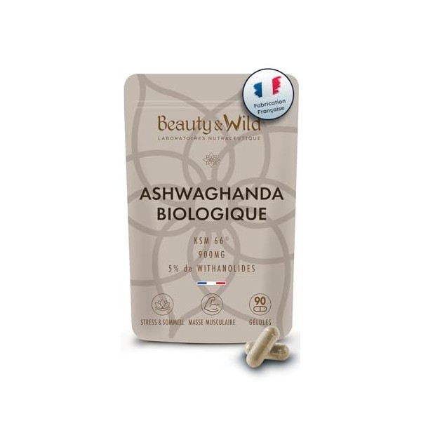 Ashwagandha Bio KSM-66®, 90 Gélules Vegan - 900mg/Jour - Fabriqué en France - Ginseng Indien Extra Fort, Anti-Stress, Muscula