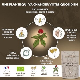 Ashwagandha Bio KSM-66®, 90 Gélules Vegan - 900mg/Jour - Fabriqué en France - Ginseng Indien Extra Fort, Anti-Stress, Muscula
