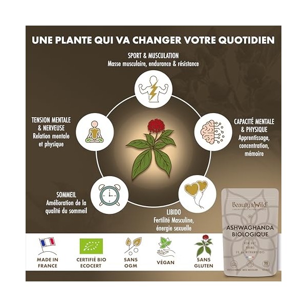 Ashwagandha Bio KSM-66®, 90 Gélules Vegan - 900mg/Jour - Fabriqué en France - Ginseng Indien Extra Fort, Anti-Stress, Muscula