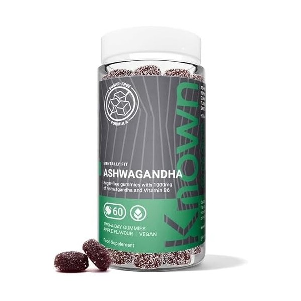 Known 1000mg Ashwagandha Gummies Sans Sucre – Saveur Pomme – Complément Gommes Végan avec Extrait de Racine & Vitamine B6 – É