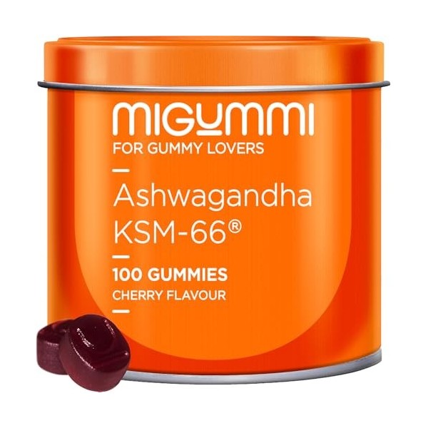 Gommes Ashwagandha - 100 Gummies au goût naturel de cerise - Withania Somnifera - Ashwagandha KSM-66 - Anxiété, Anti-stress, 