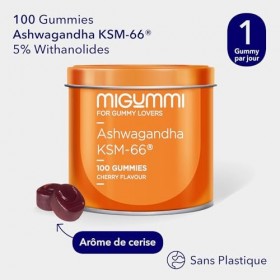 Gommes Ashwagandha - 100 Gummies au goût naturel de cerise - Withania Somnifera - Ashwagandha KSM-66 - Anxiété, Anti-stress, 