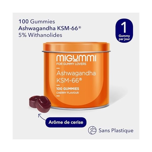 Gommes Ashwagandha - 100 Gummies au goût naturel de cerise - Withania Somnifera - Ashwagandha KSM-66 - Anxiété, Anti-stress, 
