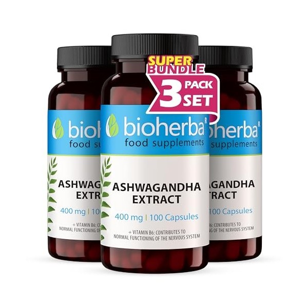 Ashwagandha Gélules – 300 Gélules 400 mg par Gélule avec Vitamine B6 Hautement Dosée – jusqu’à 1600 mg par jour – BIOHERBA