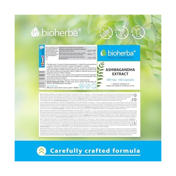 Ashwagandha Gélules – 300 Gélules 400 mg par Gélule avec Vitamine B6 Hautement Dosée – jusqu’à 1600 mg par jour – BIOHERBA
