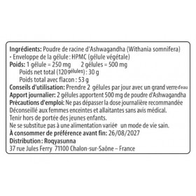Ashwagandha Bio 120 Gélules Végétales – 100% Naturel, Vegan, Fabriqué en France – Complément Alimentaire par Roqyasunna