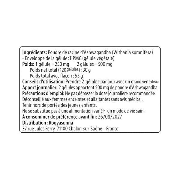 Ashwagandha Bio 120 Gélules Végétales – 100% Naturel, Vegan, Fabriqué en France – Complément Alimentaire par Roqyasunna