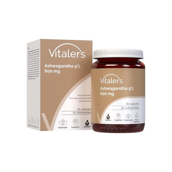 Ashwagandha 9% 600 mg de Vitalers - 60 gélules, végétalien, 2 mois de supplémentation, sans conservateurs, composition pure