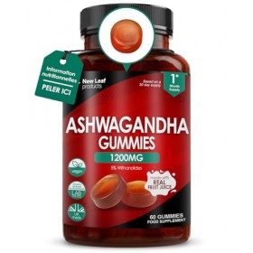 New Leaf Ashwagandha en Gummies 1 200 mg, Gummies dExtrait de Racine dAshwagandha Pur, avec 5% de Withanolides, Jus de Frui