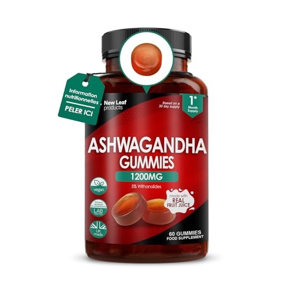 New Leaf Ashwagandha en Gummies 1 200 mg, Gummies dExtrait de Racine dAshwagandha Pur, avec 5% de Withanolides, Jus de Frui