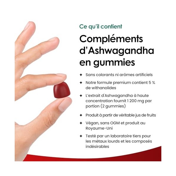 New Leaf Ashwagandha en Gummies 1 200 mg, Gummies dExtrait de Racine dAshwagandha Pur, avec 5% de Withanolides, Jus de Frui