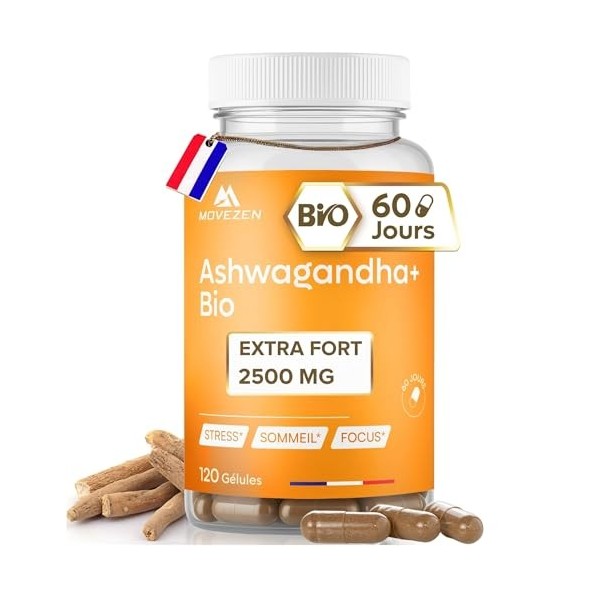 Ashwagandha BIO MOVEZEN Extra Fort – 2500 mg Extrait 5:1 Concentré en Withanolides – Complément Alimentaire Relaxation, Somme