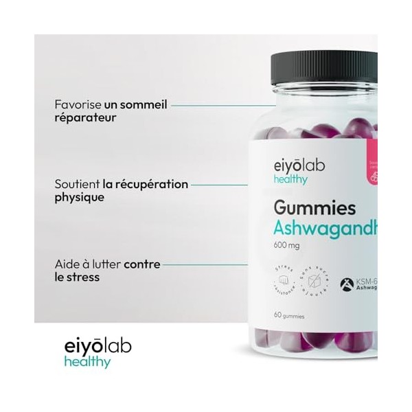 Gummies Ashwagandha 600 mg | Ashwagandha Breveté KSM-66® | Bien Être Physique et Mental | +11,7% de VO2 max en 2 Mois | 60 Gu